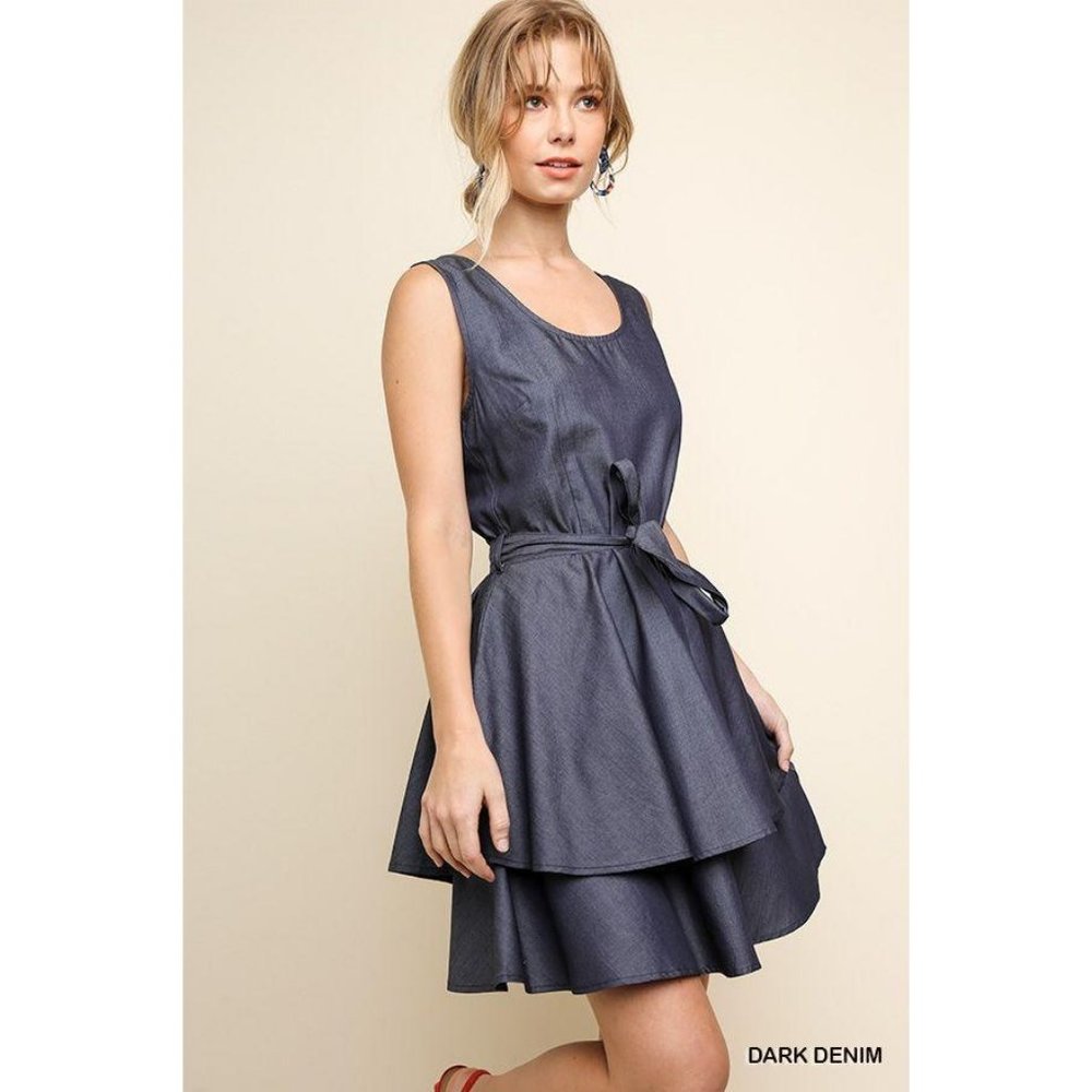 Umgee Dark Denim Dress Sleeveless Scoop Neck Layer